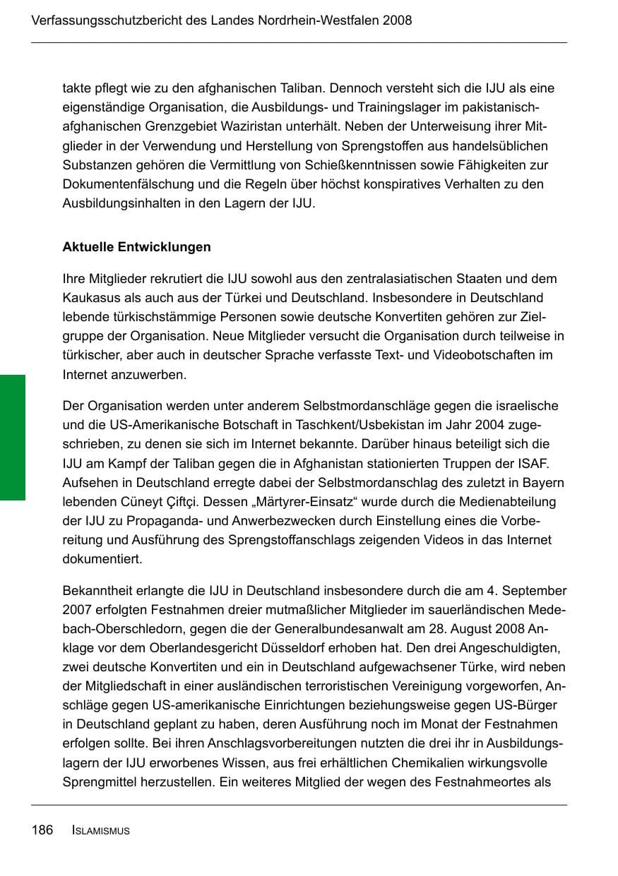 Seite 188 des Verfassungsschutzbericht 2008 Nordrhein-Westfalen