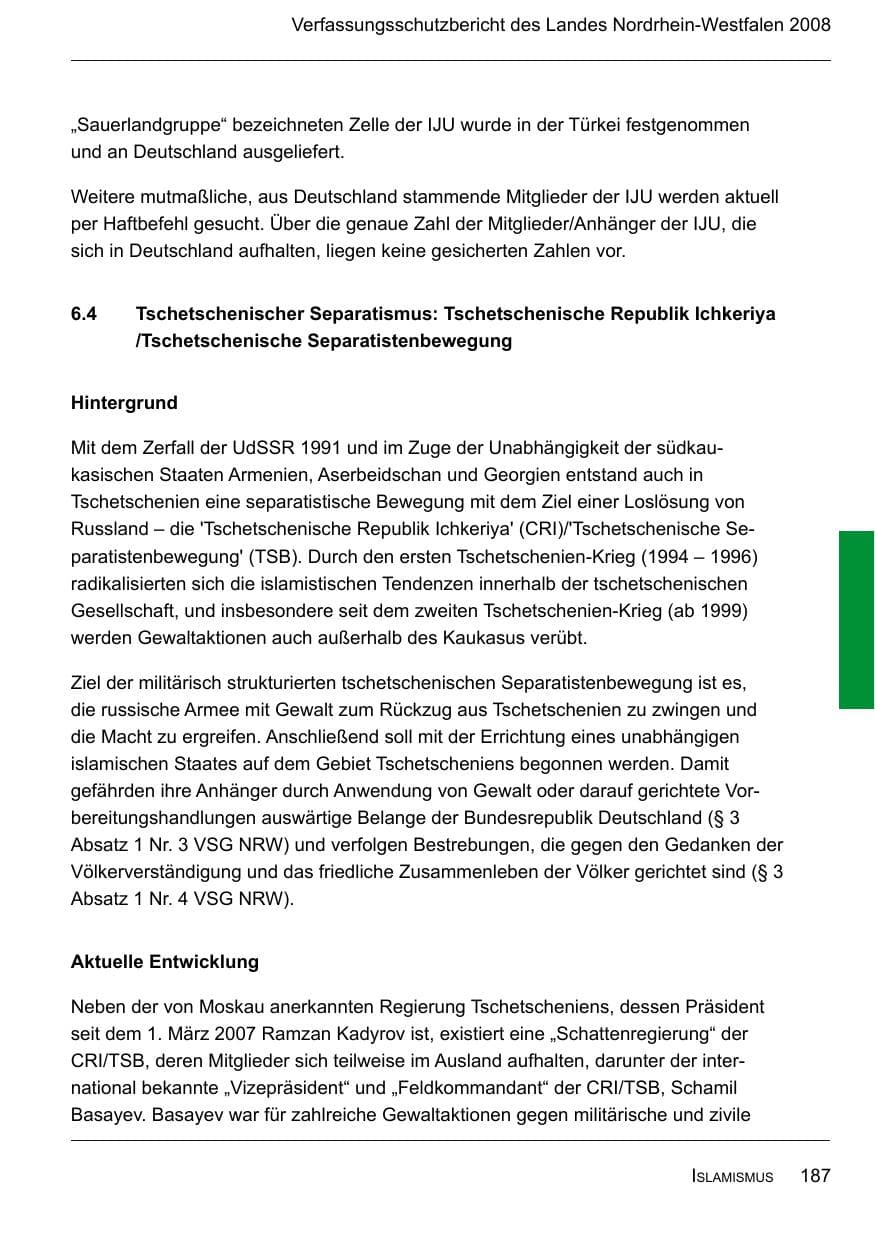 Seite 189 des Verfassungsschutzbericht 2008 Nordrhein-Westfalen