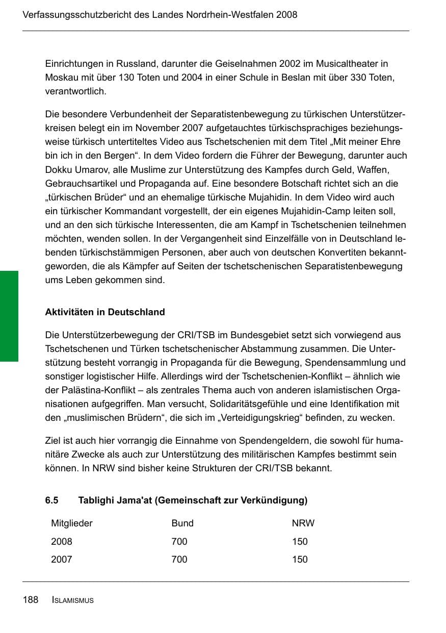 Seite 190 des Verfassungsschutzbericht 2008 Nordrhein-Westfalen