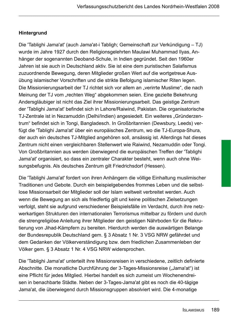 Seite 191 des Verfassungsschutzbericht 2008 Nordrhein-Westfalen