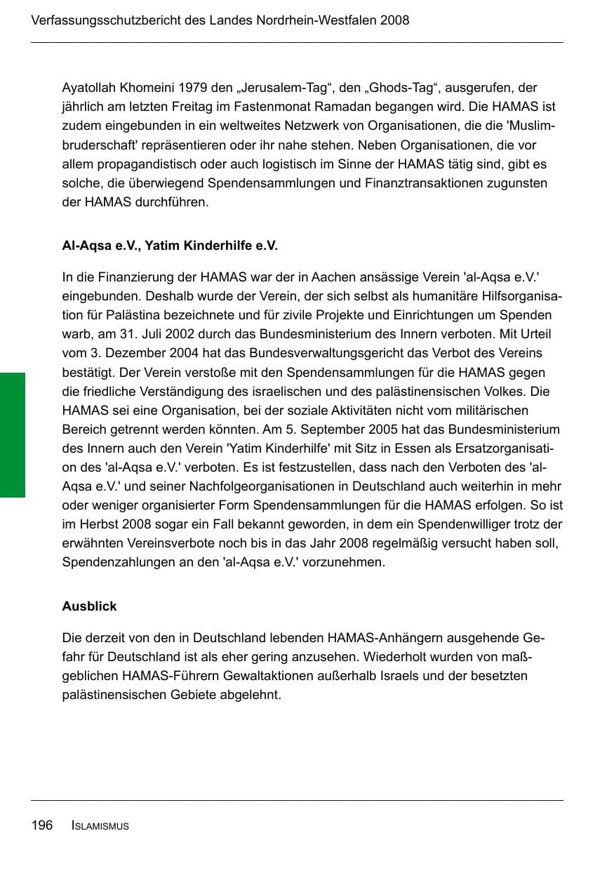 Seite 198 des Verfassungsschutzbericht 2008 Nordrhein-Westfalen