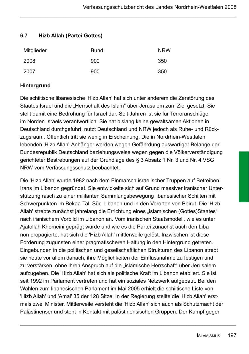 Seite 199 des Verfassungsschutzbericht 2008 Nordrhein-Westfalen