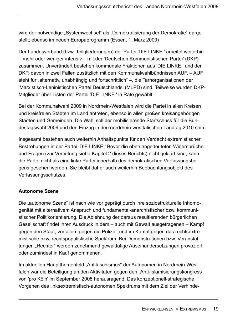 Seite 21 des Verfassungsschutzbericht 2008 Nordrhein-Westfalen