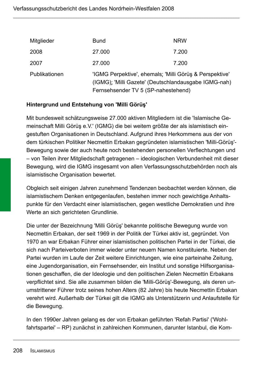 Seite 210 des Verfassungsschutzbericht 2008 Nordrhein-Westfalen