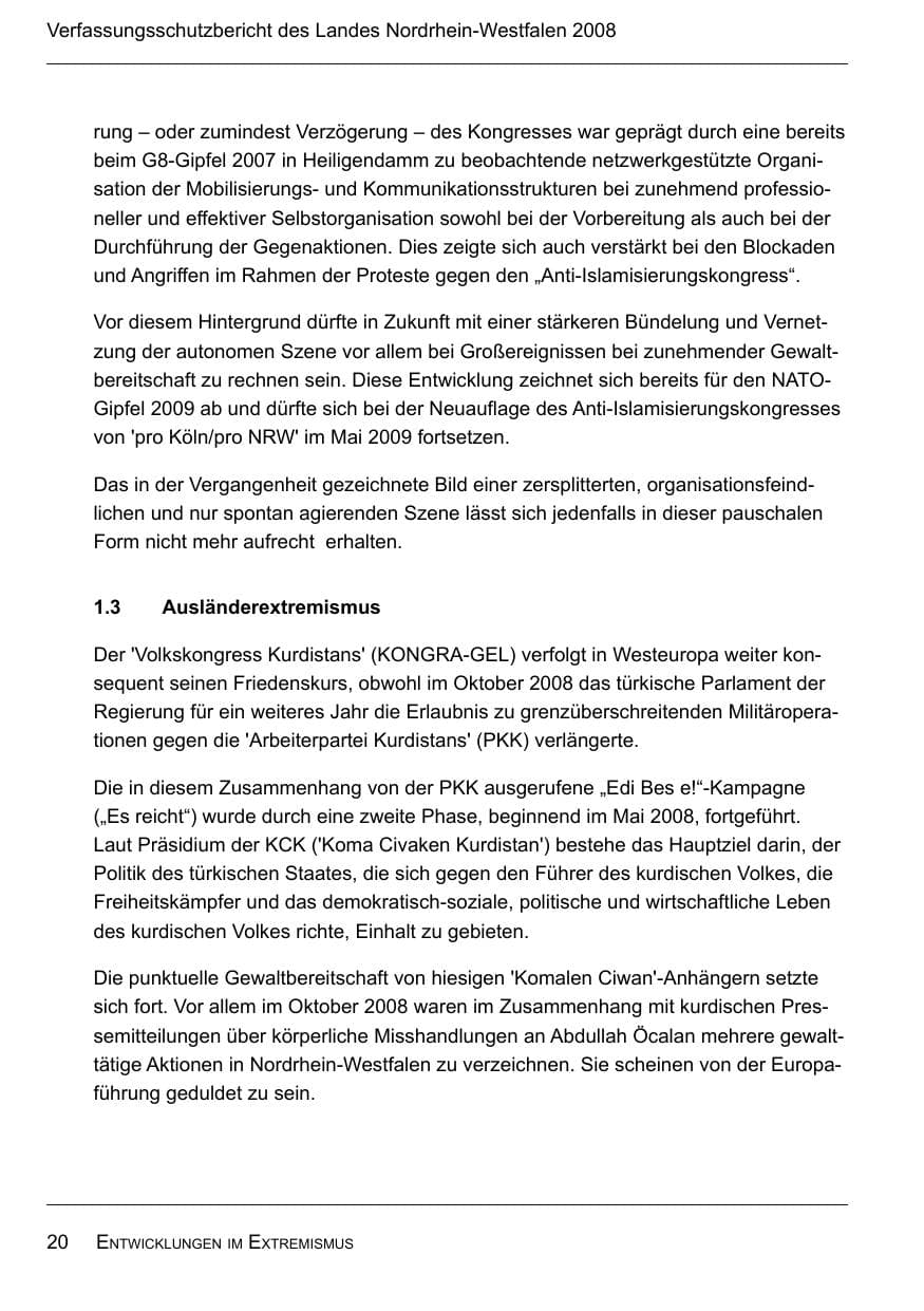 Seite 22 des Verfassungsschutzbericht 2008 Nordrhein-Westfalen