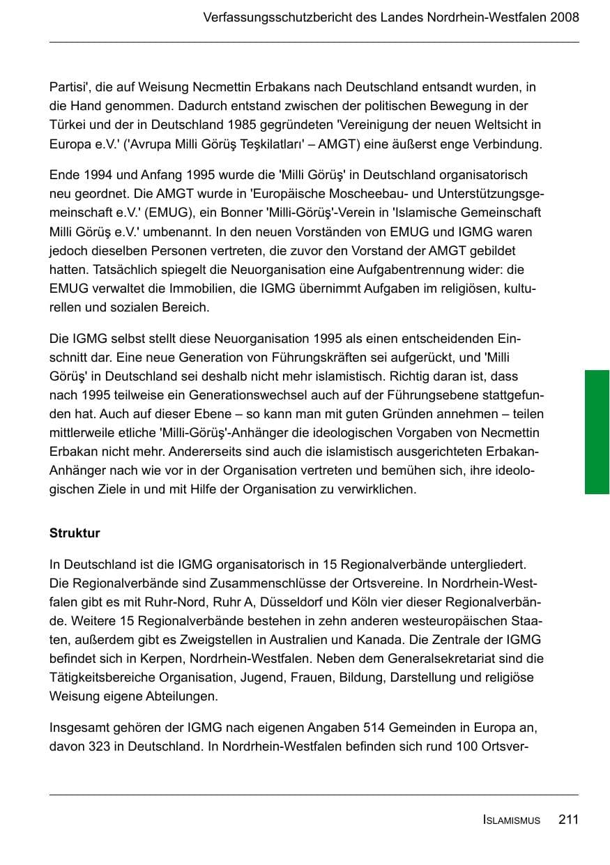 Seite 213 des Verfassungsschutzbericht 2008 Nordrhein-Westfalen