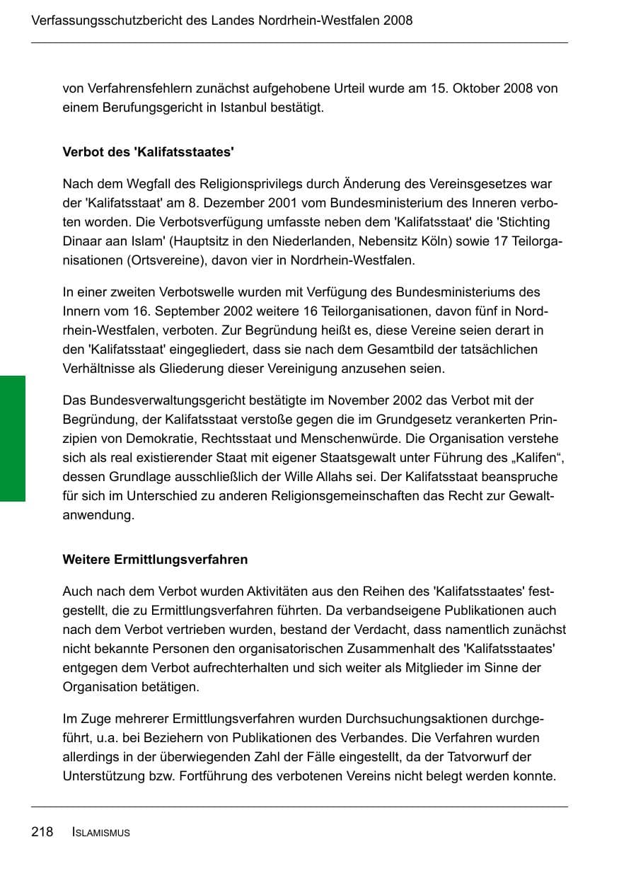 Seite 220 des Verfassungsschutzbericht 2008 Nordrhein-Westfalen