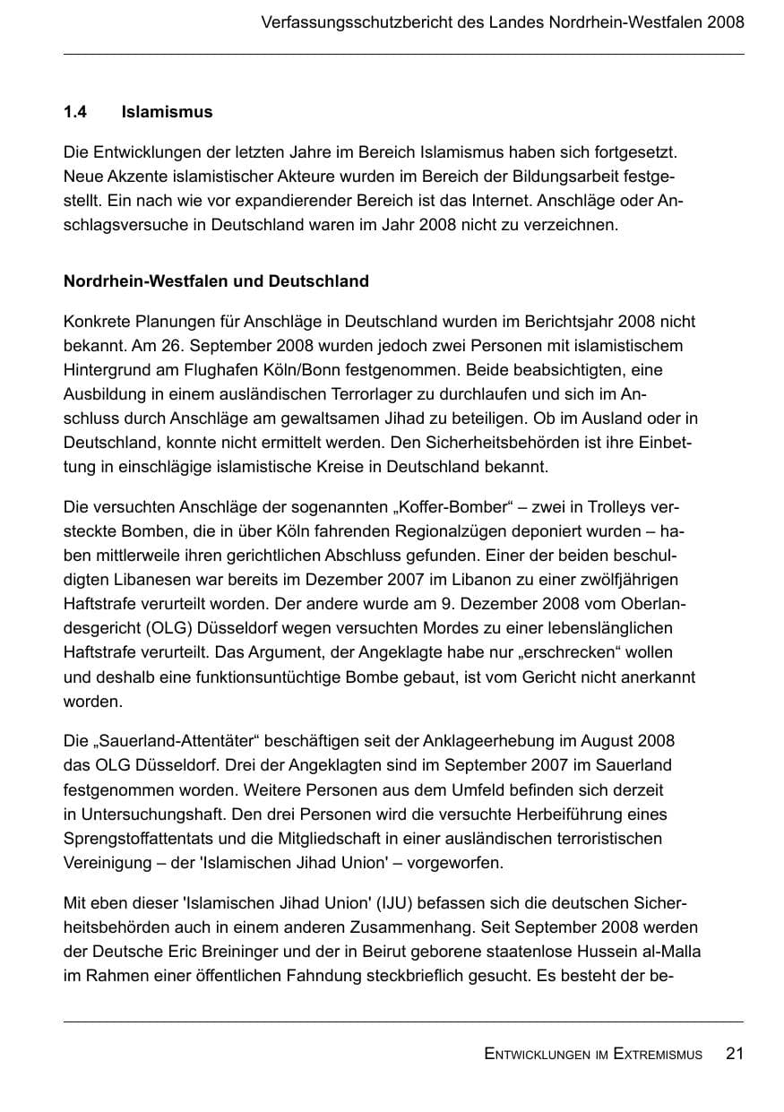 Seite 23 des Verfassungsschutzbericht 2008 Nordrhein-Westfalen