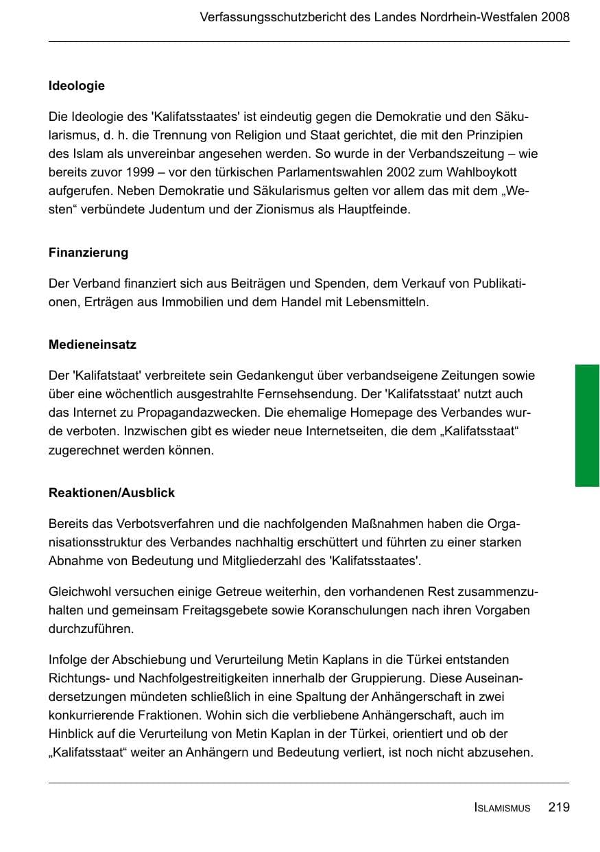 Seite 221 des Verfassungsschutzbericht 2008 Nordrhein-Westfalen