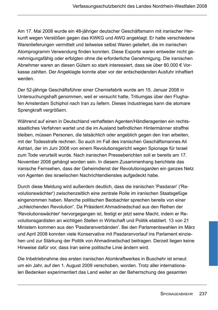 Seite 239 des Verfassungsschutzbericht 2008 Nordrhein-Westfalen