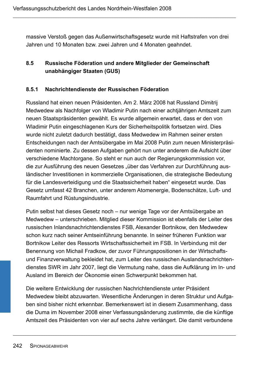 Seite 244 des Verfassungsschutzbericht 2008 Nordrhein-Westfalen