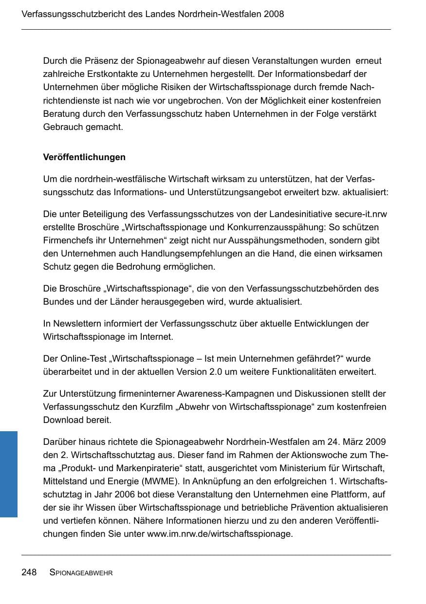 Seite 250 des Verfassungsschutzbericht 2008 Nordrhein-Westfalen