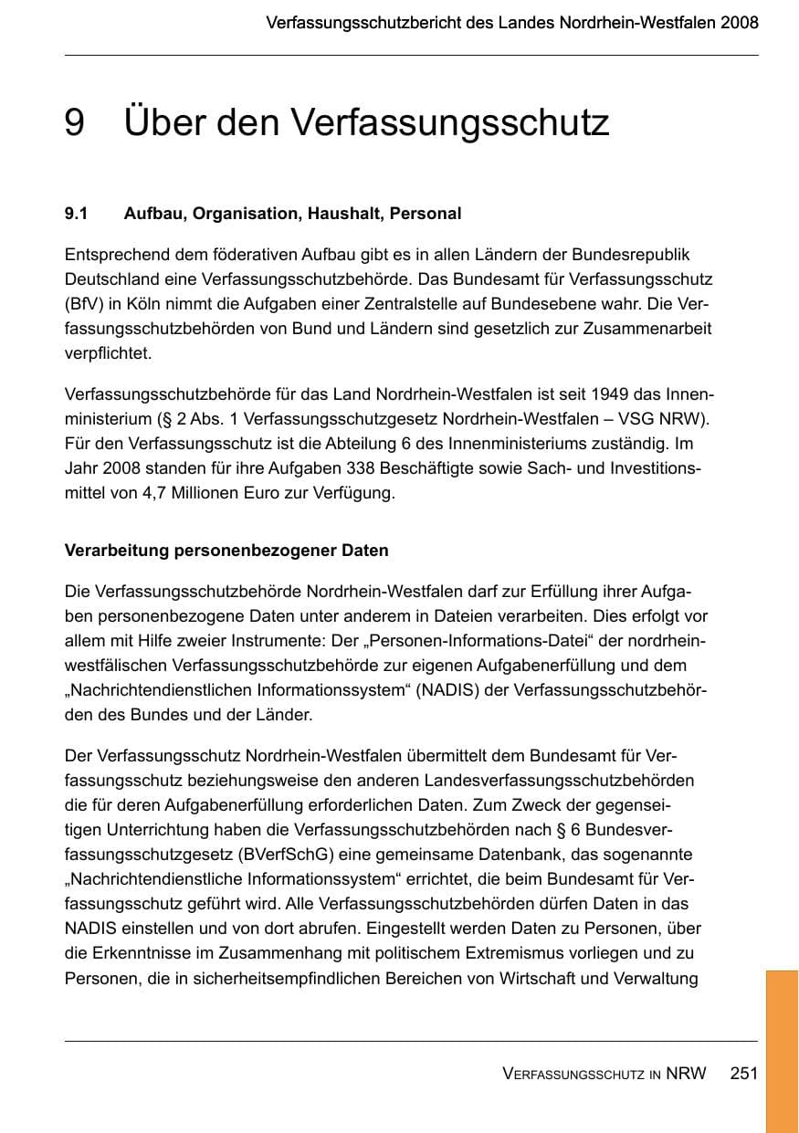 Seite 253 des Verfassungsschutzbericht 2008 Nordrhein-Westfalen