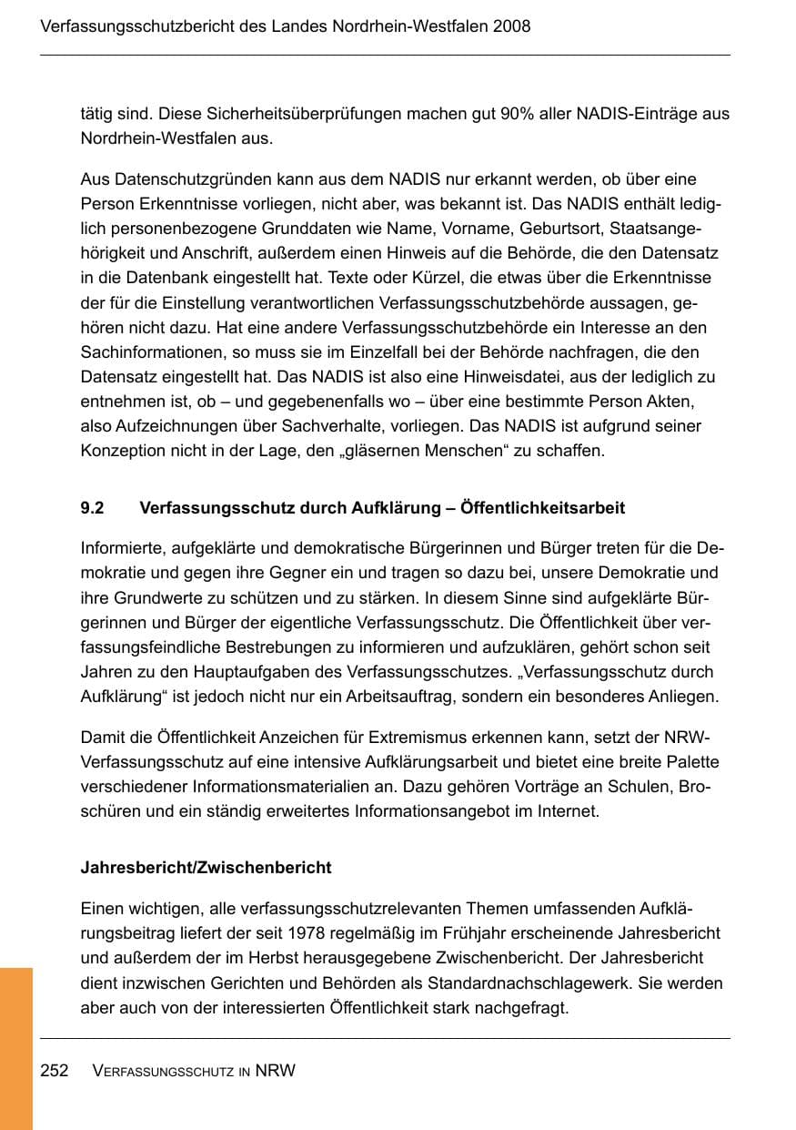 Seite 254 des Verfassungsschutzbericht 2008 Nordrhein-Westfalen