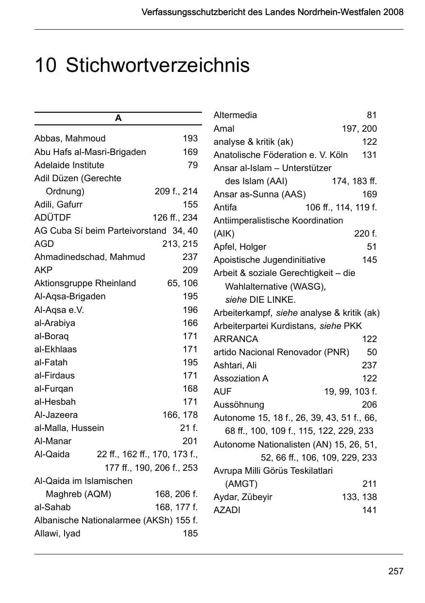 Seite 259 des Verfassungsschutzbericht 2008 Nordrhein-Westfalen