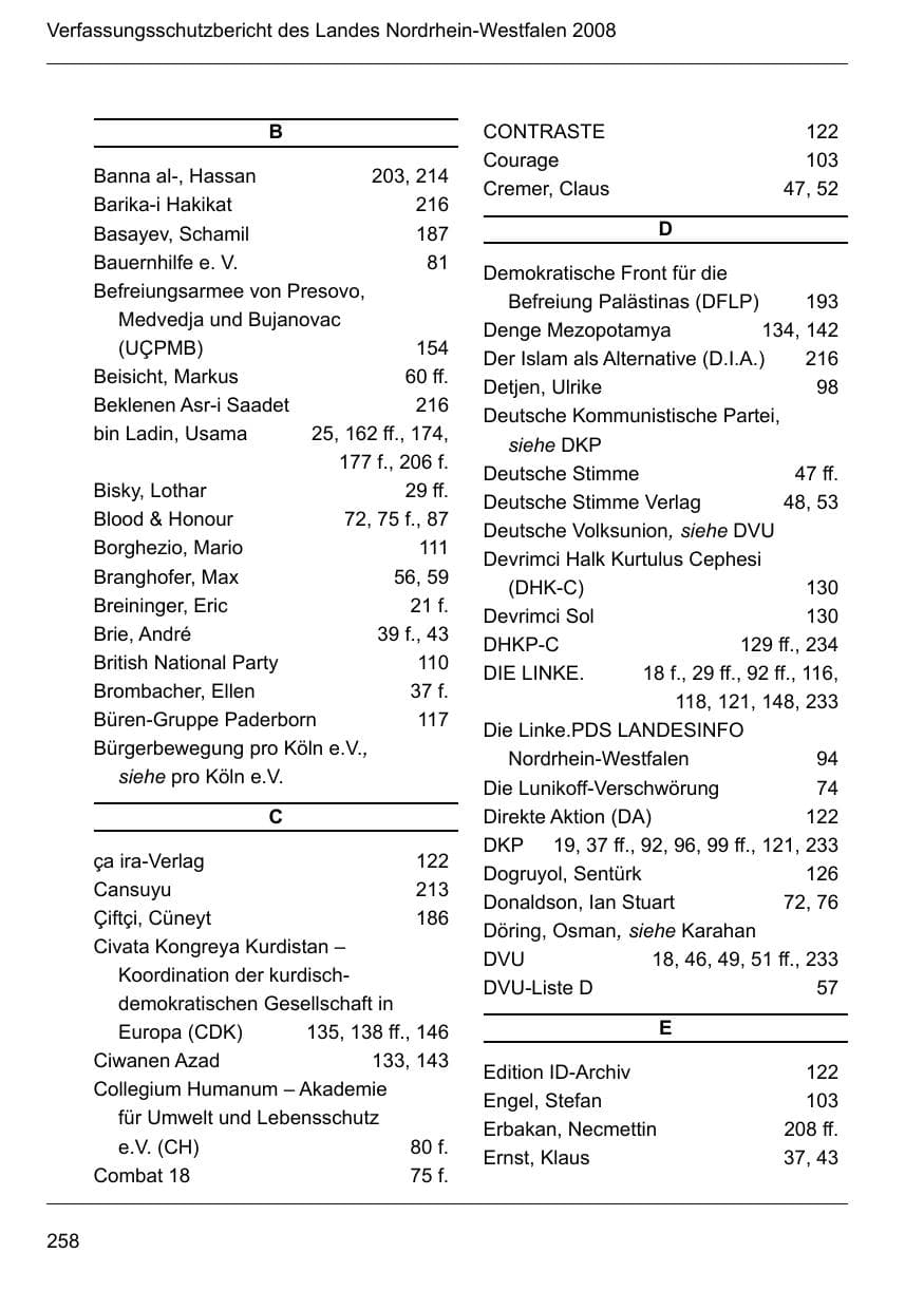Seite 260 des Verfassungsschutzbericht 2008 Nordrhein-Westfalen