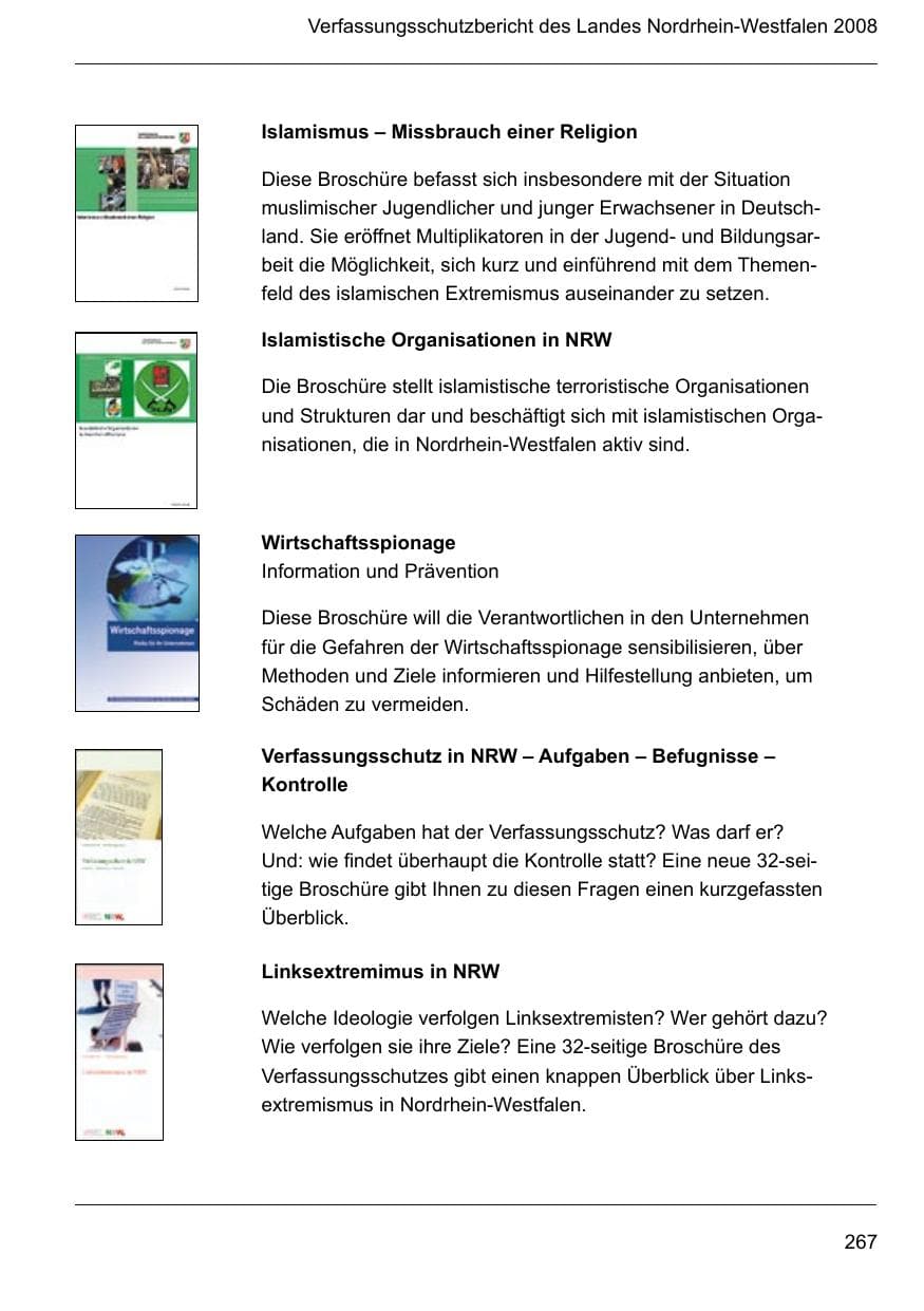 Seite 269 des Verfassungsschutzbericht 2008 Nordrhein-Westfalen