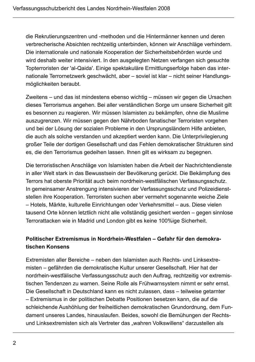 Seite 4 des Verfassungsschutzbericht 2008 Nordrhein-Westfalen