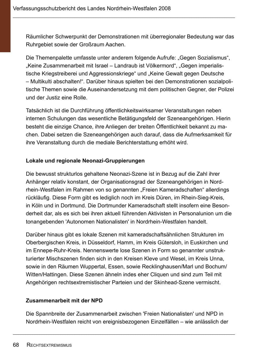 Seite 70 des Verfassungsschutzbericht 2008 Nordrhein-Westfalen