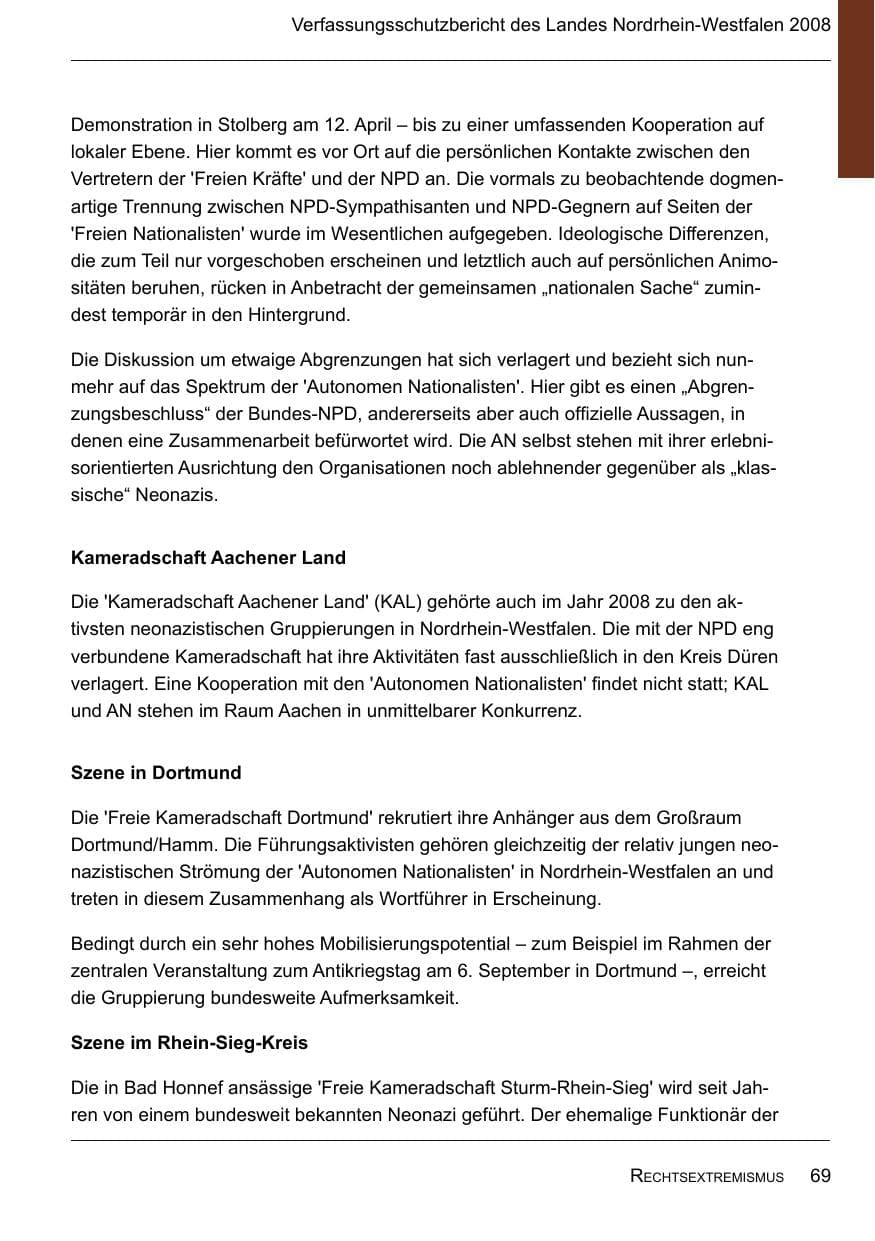 Seite 71 des Verfassungsschutzbericht 2008 Nordrhein-Westfalen