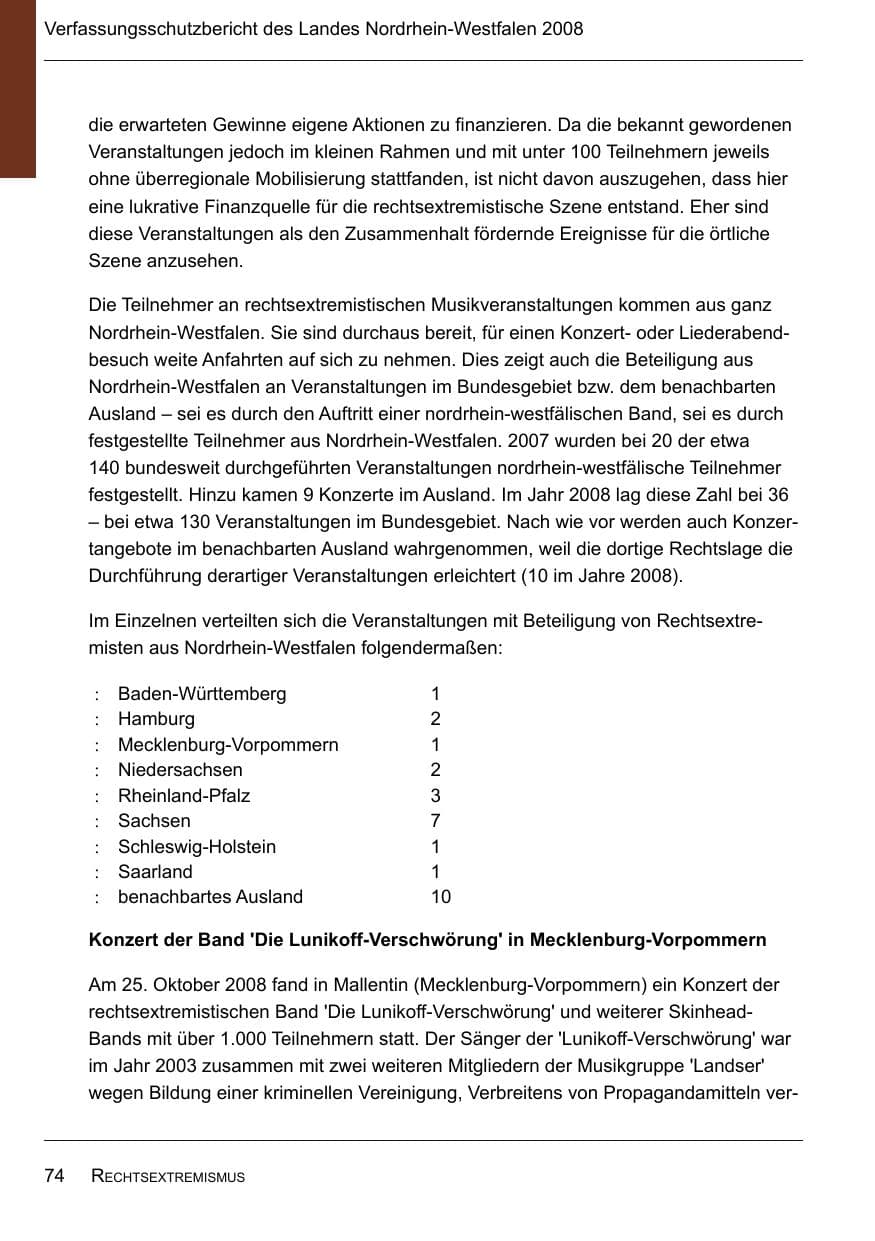 Seite 76 des Verfassungsschutzbericht 2008 Nordrhein-Westfalen