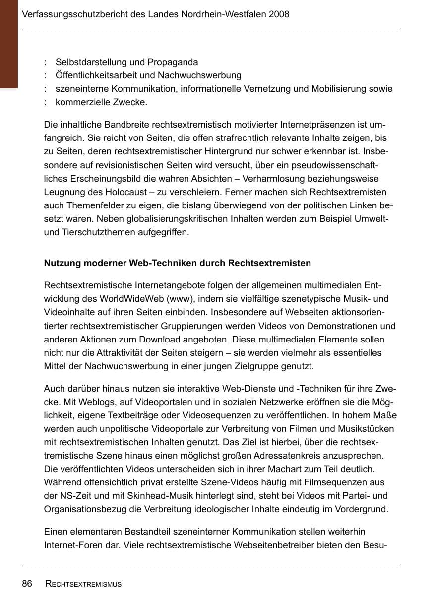 Seite 88 des Verfassungsschutzbericht 2008 Nordrhein-Westfalen