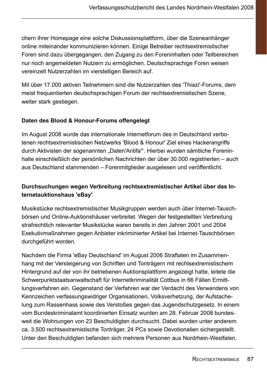 Seite 89 des Verfassungsschutzbericht 2008 Nordrhein-Westfalen