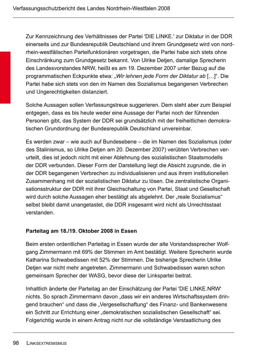 Seite 100 des Verfassungsschutzbericht 2008 Nordrhein-Westfalen