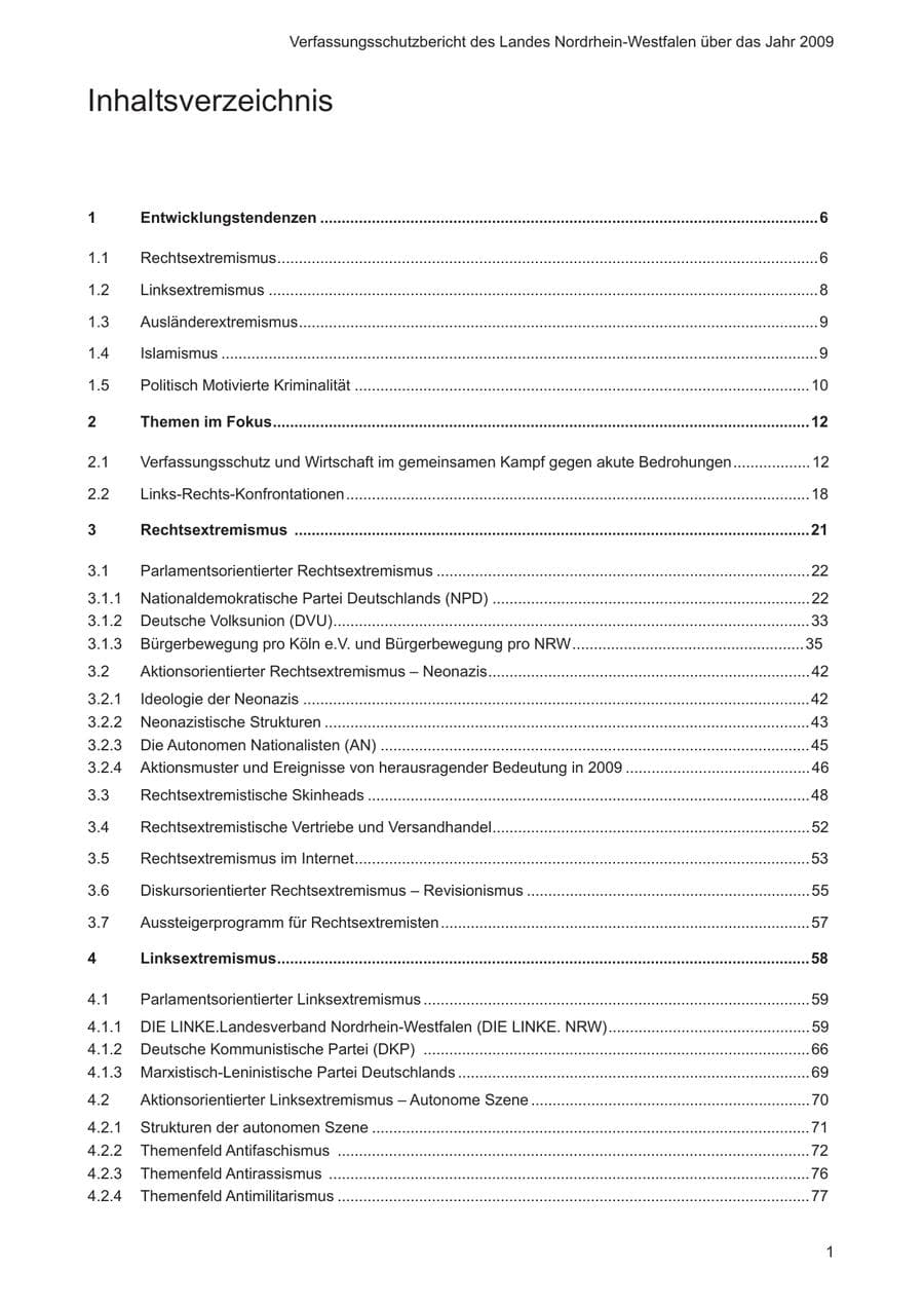 Seite 2 des Verfassungsschutzbericht 2009 Nordrhein-Westfalen