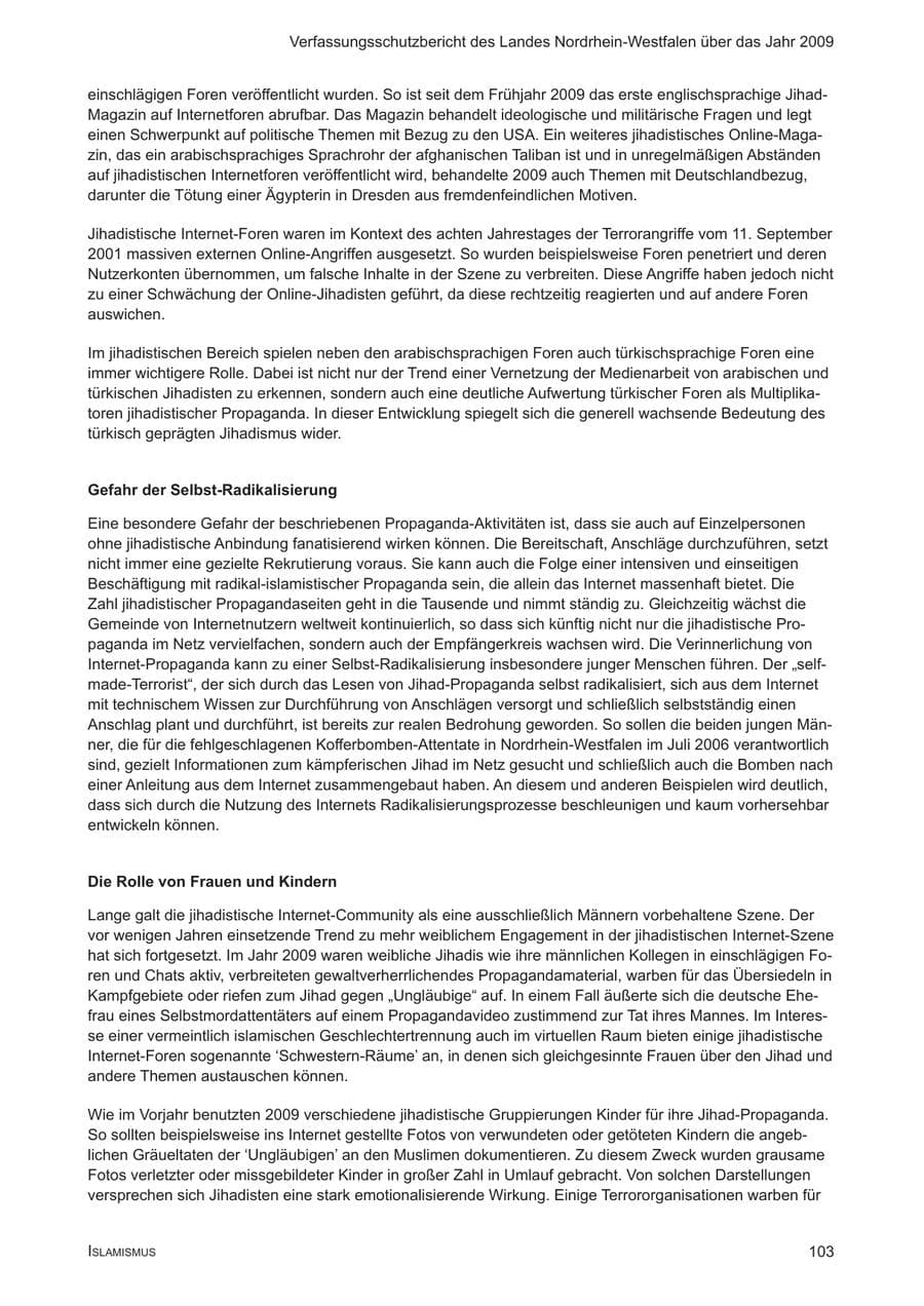 Seite 104 des Verfassungsschutzbericht 2009 Nordrhein-Westfalen