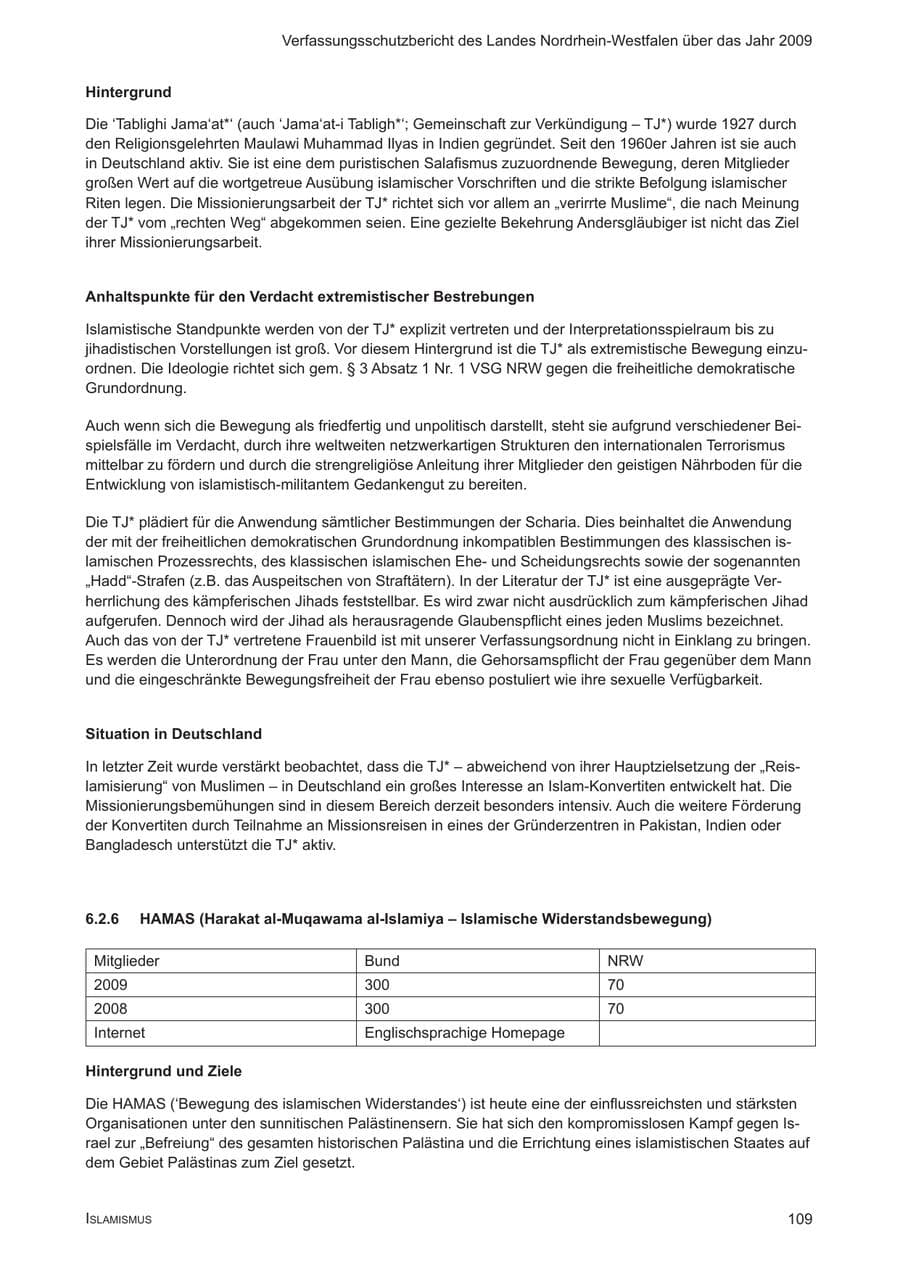 Seite 110 des Verfassungsschutzbericht 2009 Nordrhein-Westfalen
