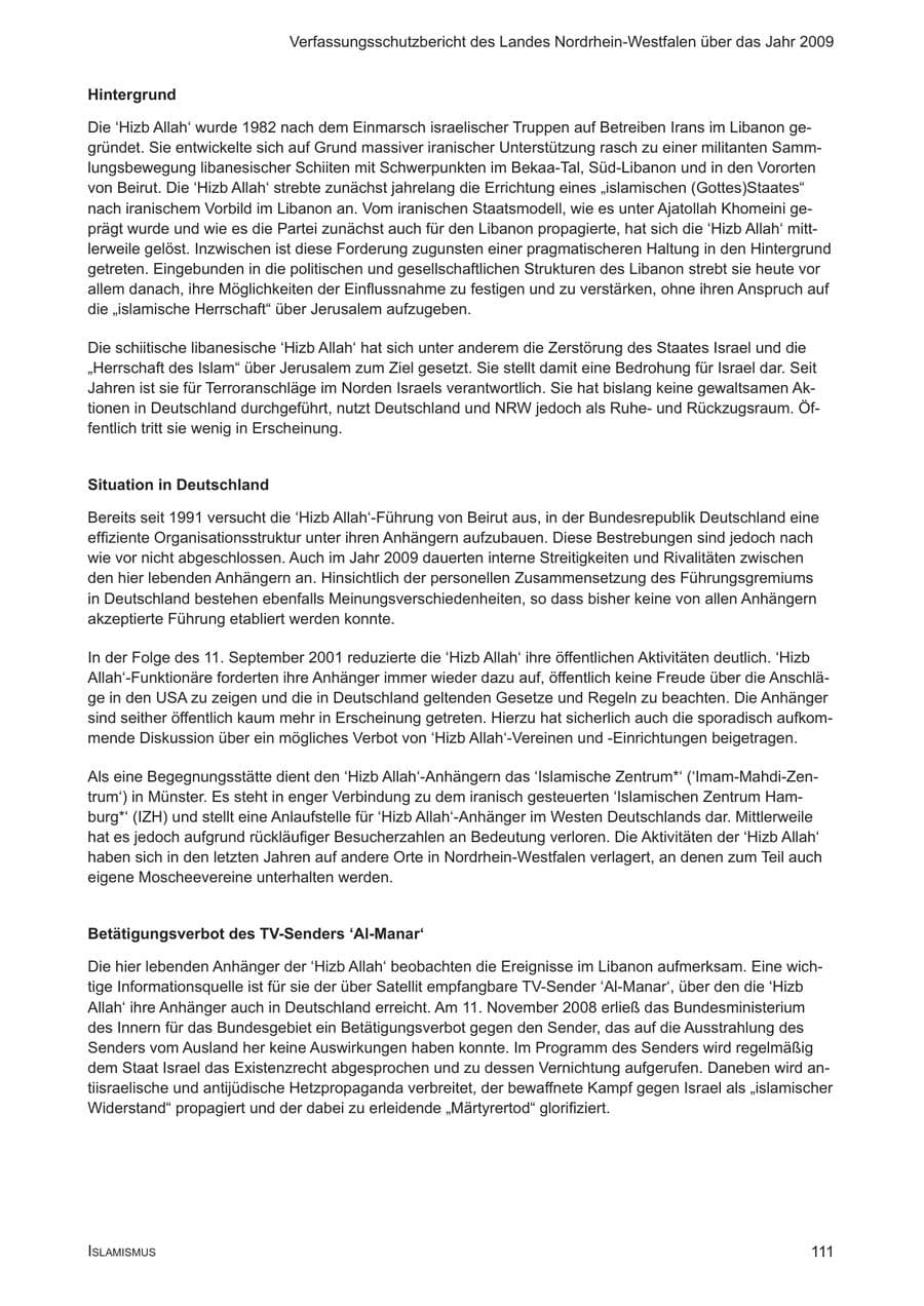 Seite 112 des Verfassungsschutzbericht 2009 Nordrhein-Westfalen
