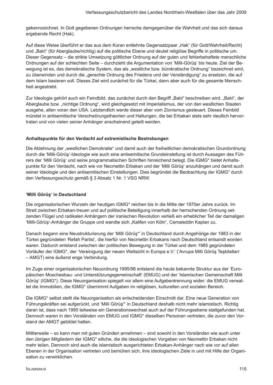 Seite 116 des Verfassungsschutzbericht 2009 Nordrhein-Westfalen