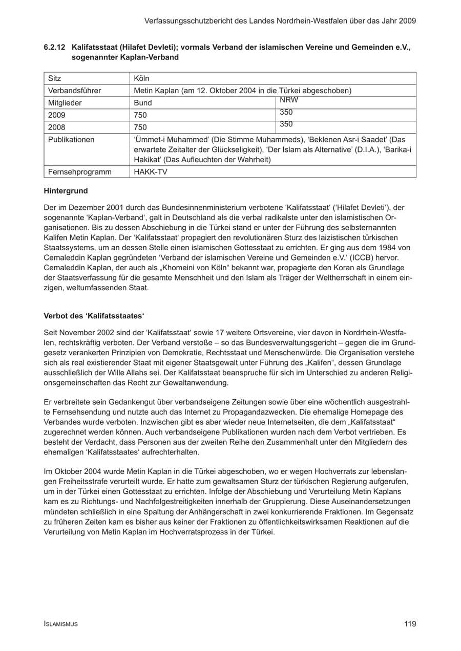 Seite 120 des Verfassungsschutzbericht 2009 Nordrhein-Westfalen