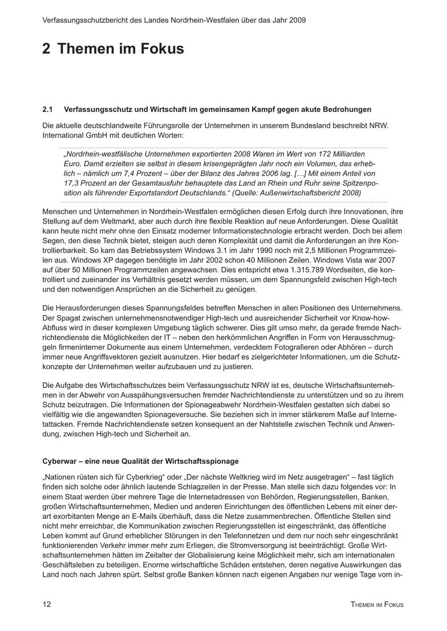 Seite 13 des Verfassungsschutzbericht 2009 Nordrhein-Westfalen