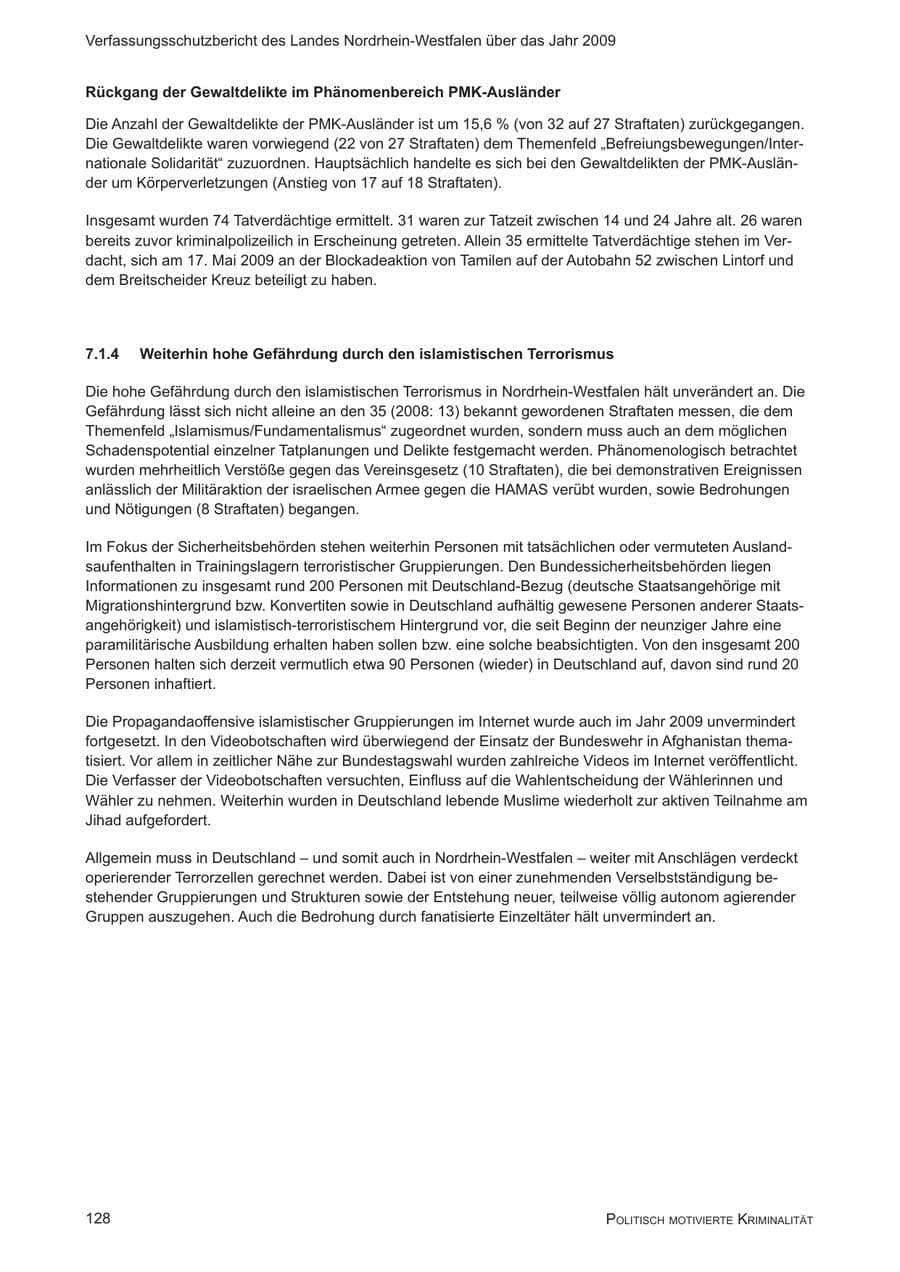 Seite 129 des Verfassungsschutzbericht 2009 Nordrhein-Westfalen