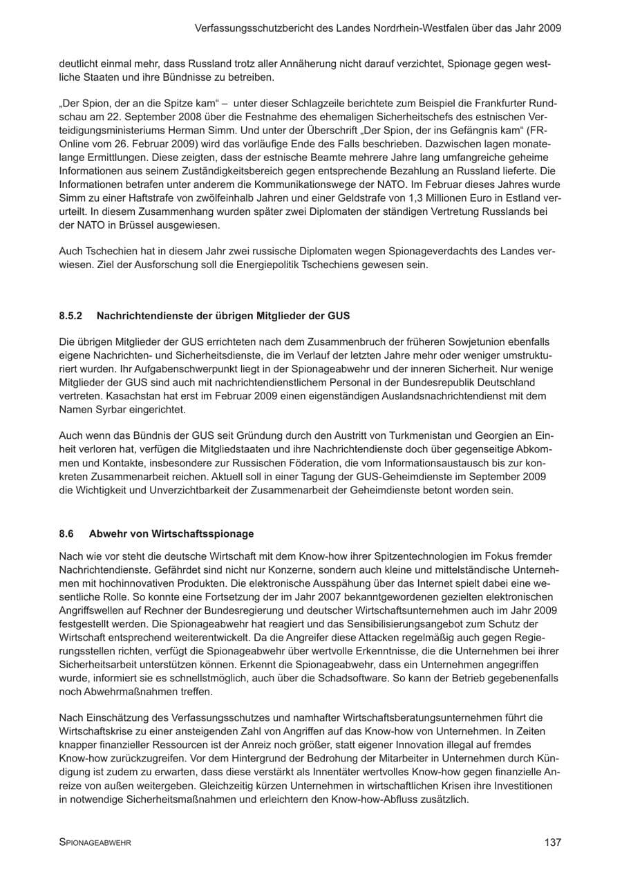 Seite 138 des Verfassungsschutzbericht 2009 Nordrhein-Westfalen