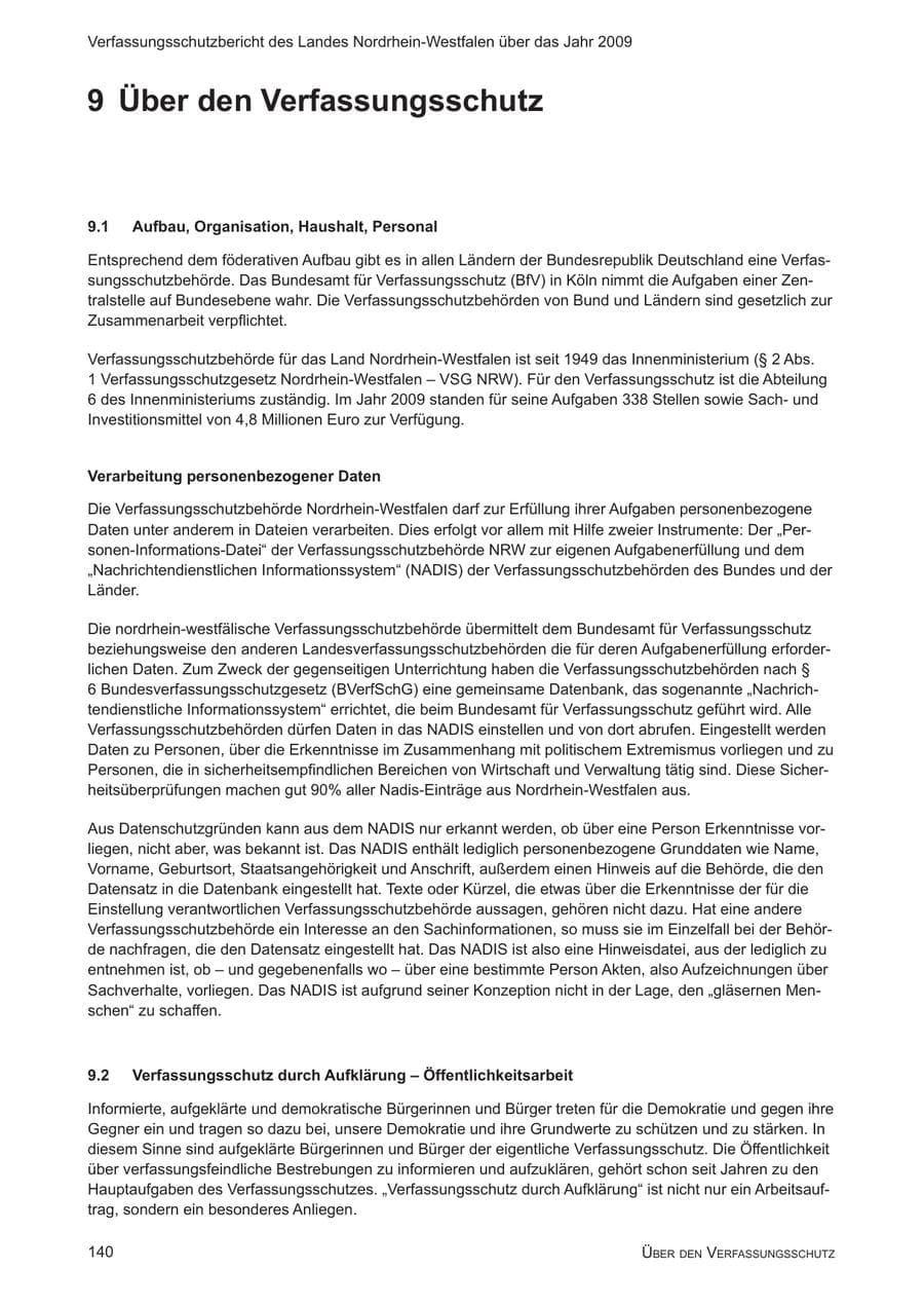 Seite 141 des Verfassungsschutzbericht 2009 Nordrhein-Westfalen