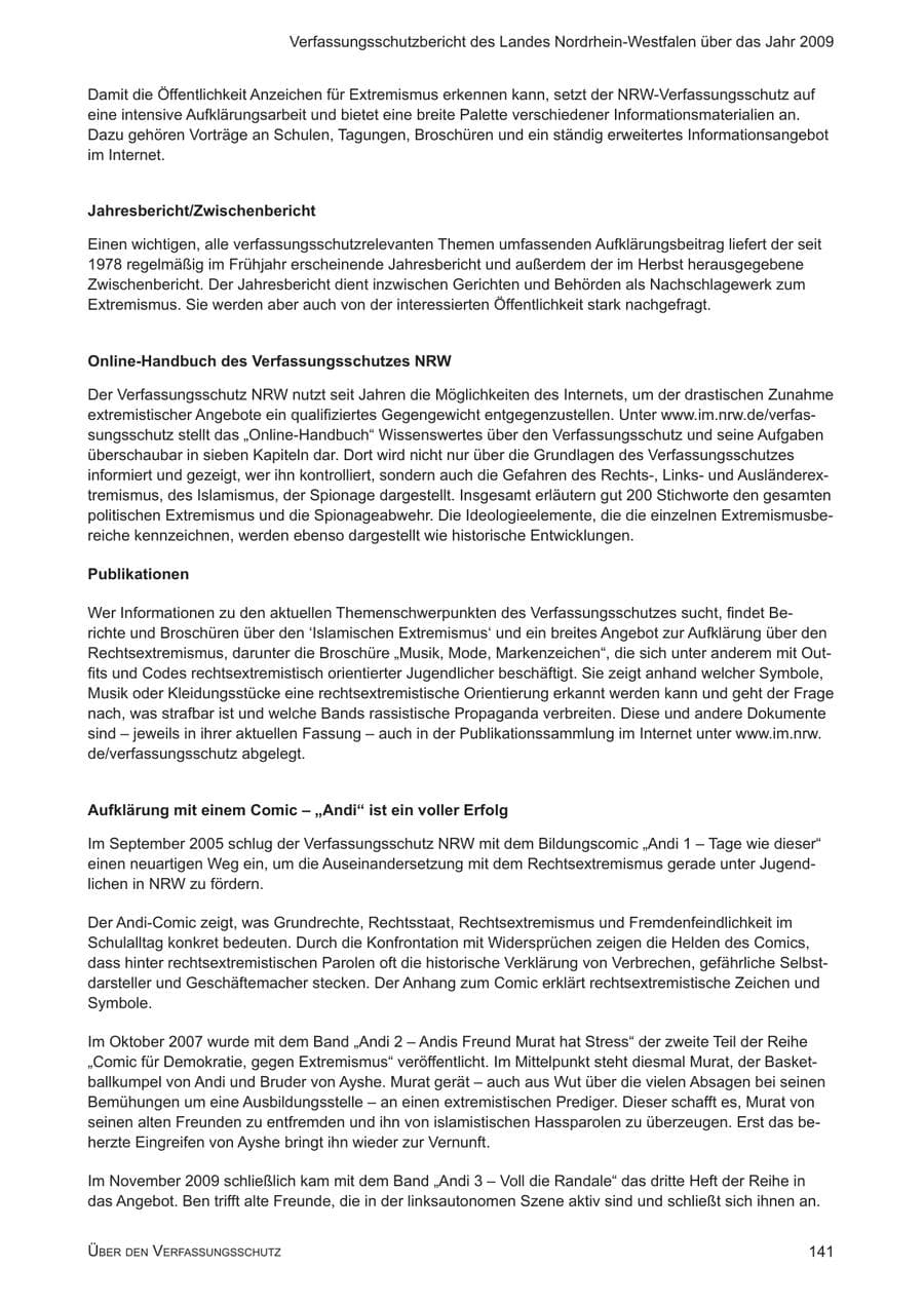 Seite 142 des Verfassungsschutzbericht 2009 Nordrhein-Westfalen