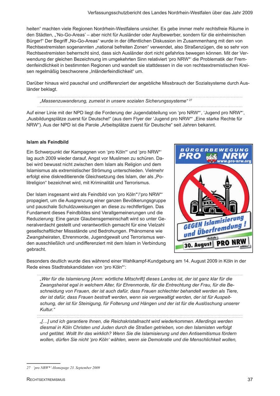 Seite 38 des Verfassungsschutzbericht 2009 Nordrhein-Westfalen