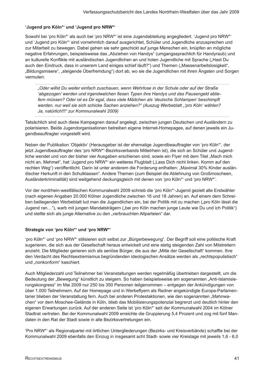 Seite 42 des Verfassungsschutzbericht 2009 Nordrhein-Westfalen