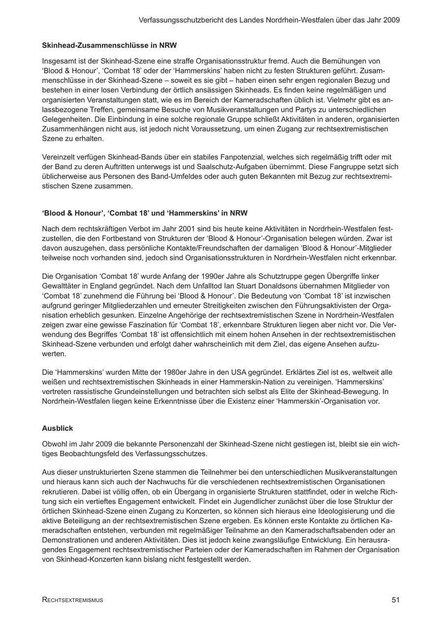 Seite 52 des Verfassungsschutzbericht 2009 Nordrhein-Westfalen