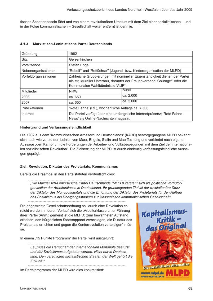 Seite 70 des Verfassungsschutzbericht 2009 Nordrhein-Westfalen