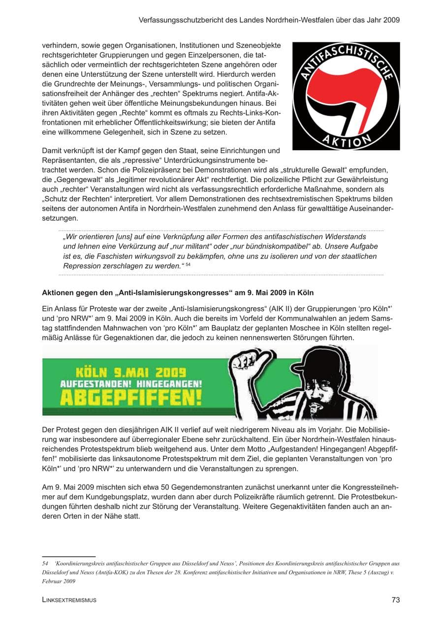 Seite 74 des Verfassungsschutzbericht 2009 Nordrhein-Westfalen