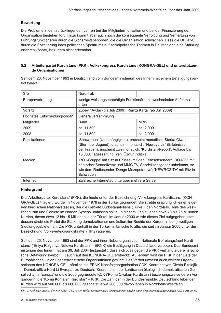 Seite 86 des Verfassungsschutzbericht 2009 Nordrhein-Westfalen