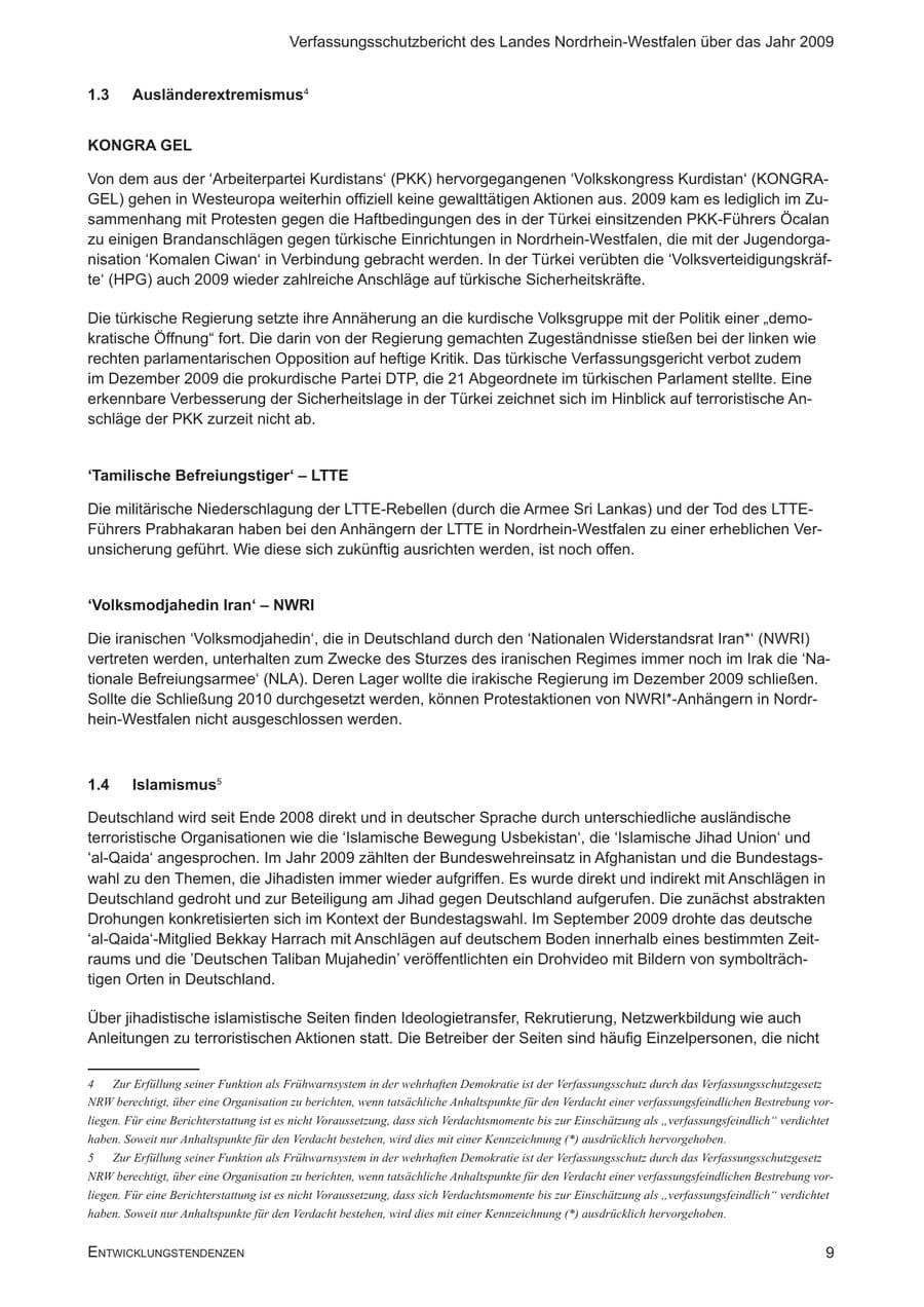 Seite 10 des Verfassungsschutzbericht 2009 Nordrhein-Westfalen