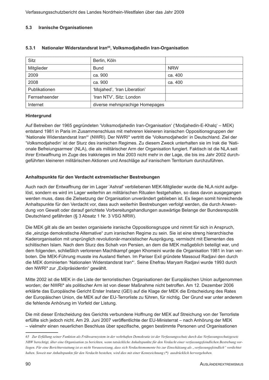 Seite 91 des Verfassungsschutzbericht 2009 Nordrhein-Westfalen