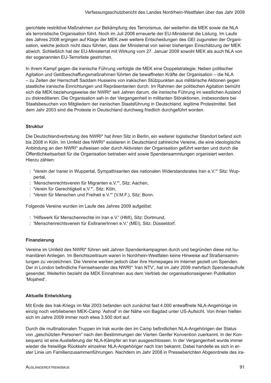 Seite 92 des Verfassungsschutzbericht 2009 Nordrhein-Westfalen