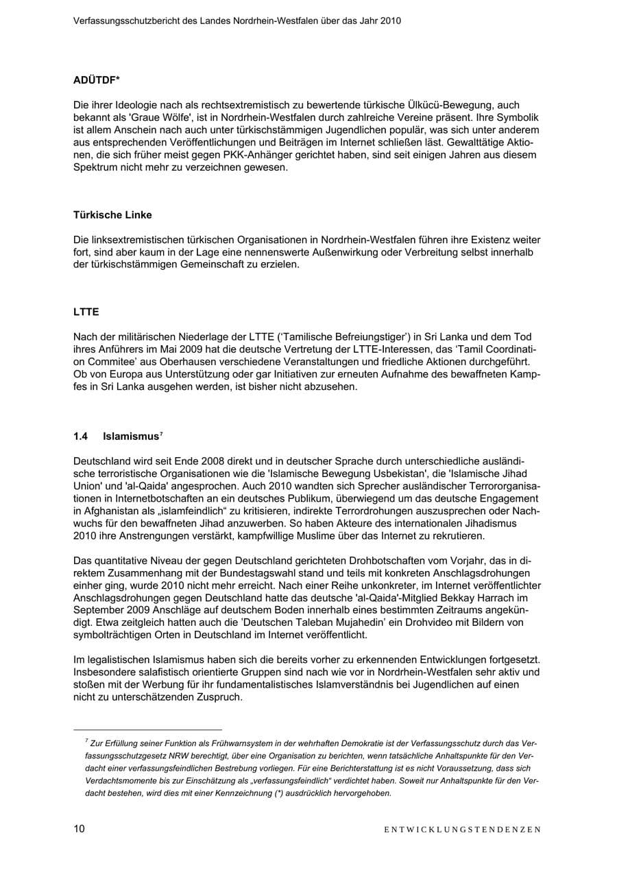Seite 11 des Verfassungsschutzbericht 2010 Nordrhein-Westfalen