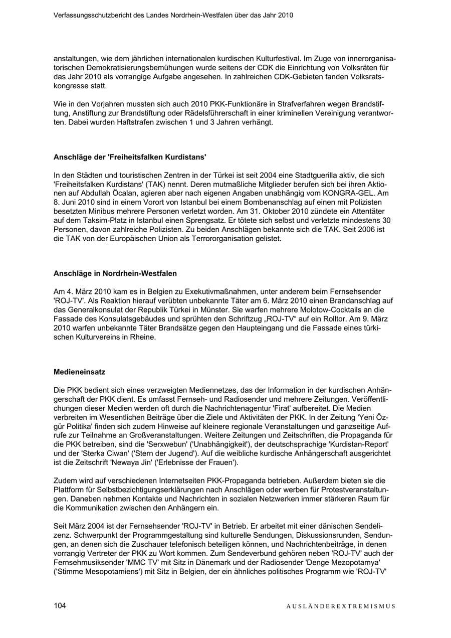 Seite 105 des Verfassungsschutzbericht 2010 Nordrhein-Westfalen